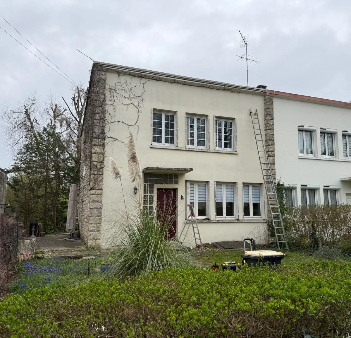 Maison à la façade crème, encore couverte de traces de lierre, échelle posée au mur